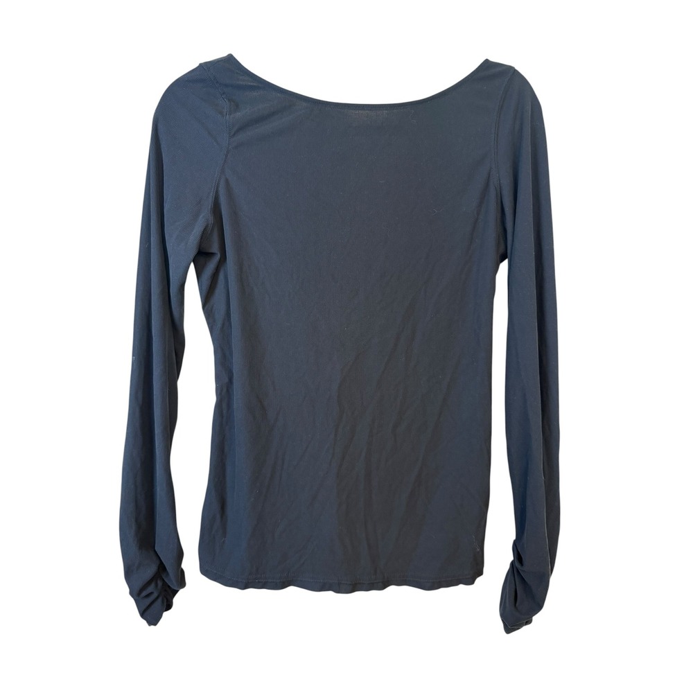 Free People Black Ribbed Long Sleeve Top Back Ring Detail Ruched Cuffs XS